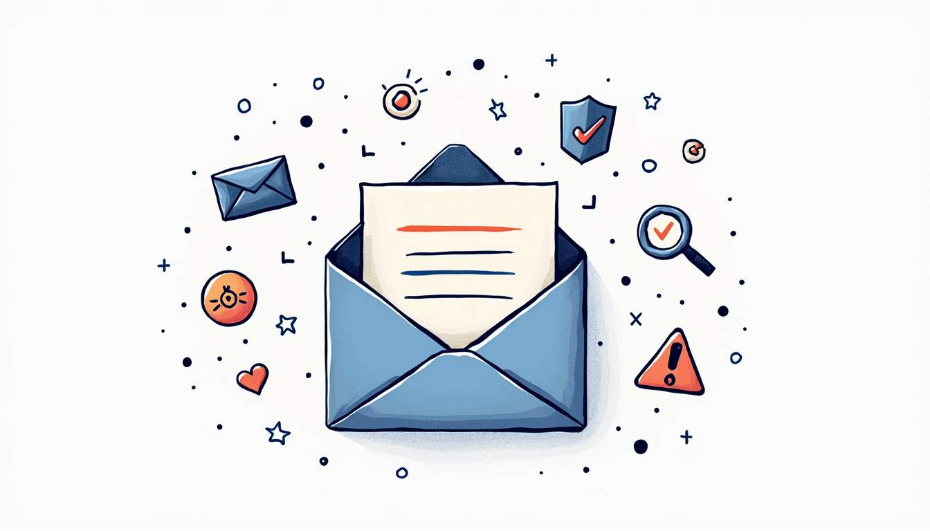 An abstract representation of an email envelope surrounded by various icons symbolizing validation checks